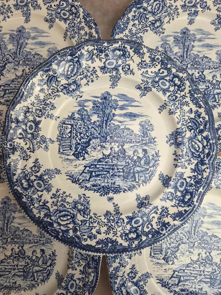 Lot de 6 assiettes plates décor Toile de Jouy bleu – Style Lunéville / campagne romantique