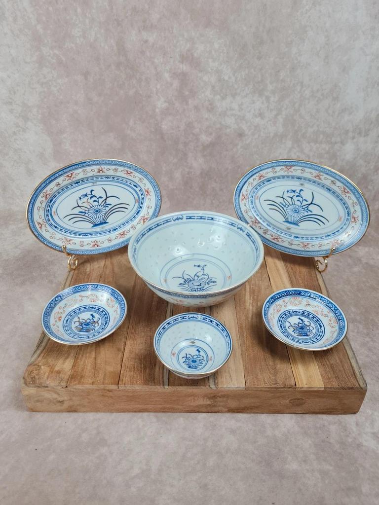 🏺 Ensemble en porcelaine chinoise vintage, décor bleu, rouge et or, 6 pièces