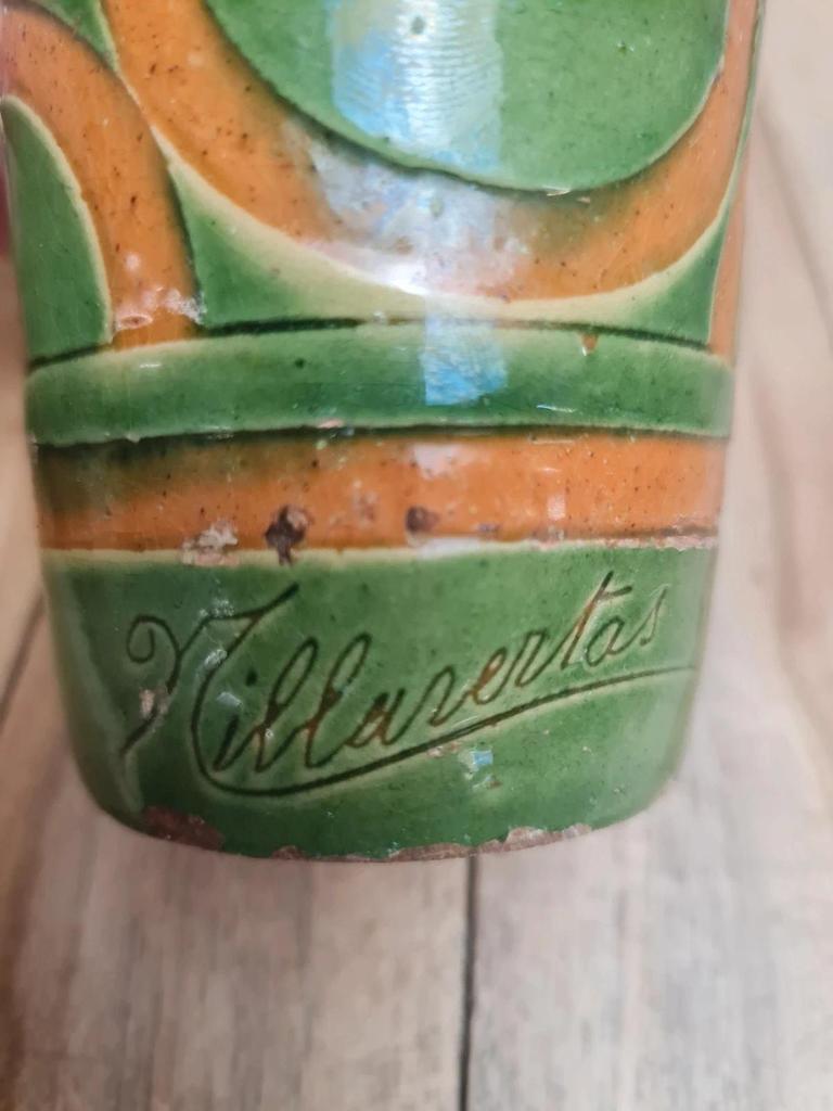 Vase / gobelet Art Déco Satre & Vallin “nillavertas” céramique émaillée verte & ocre