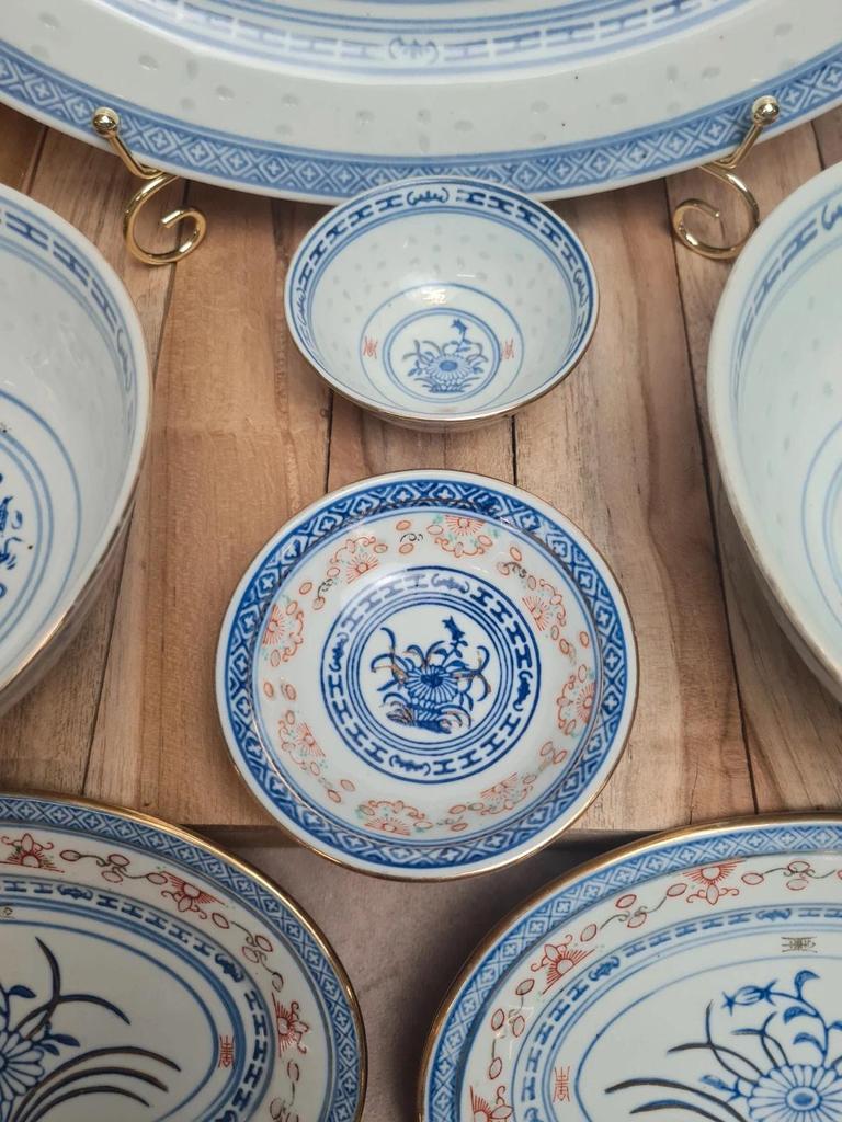 Service chinois vintage complet – 3 personnes – décor bleu & rouge – idéal sushi 🍣