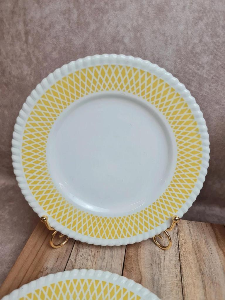 Lot 6 assiettes à dessert vintage Badonviller style années 50 décor géométrique jaune 🍋
