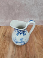 Petit pichet ancien K.g Lunéville 🇫🇷 modèle Toile de Jouy, décor bleu « Spécial Grand Feu »