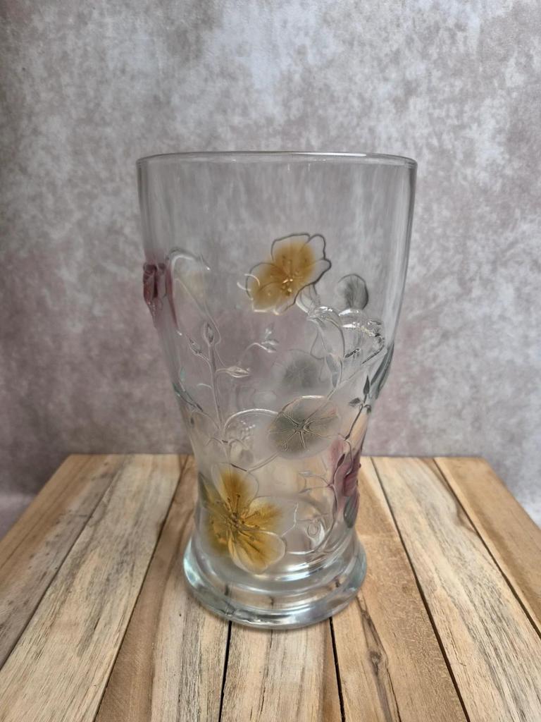Grand vase vintage en verre moulé pressé – décor floral coloré – France