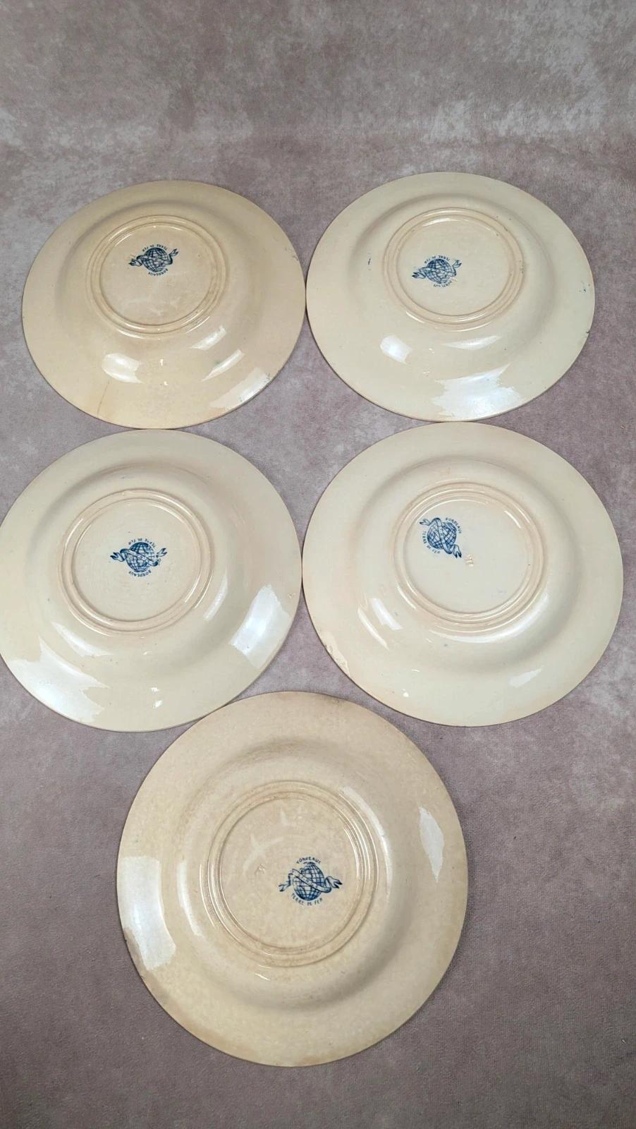 Lot de 5 assiettes creuses anciennes Vieillard & Cie Bordeaux, modèle Clématite