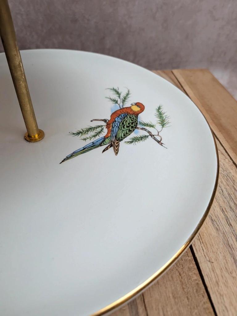 Serviteur muet 2 étages en faïence de Gien – Oiseaux exotiques – Métal doré