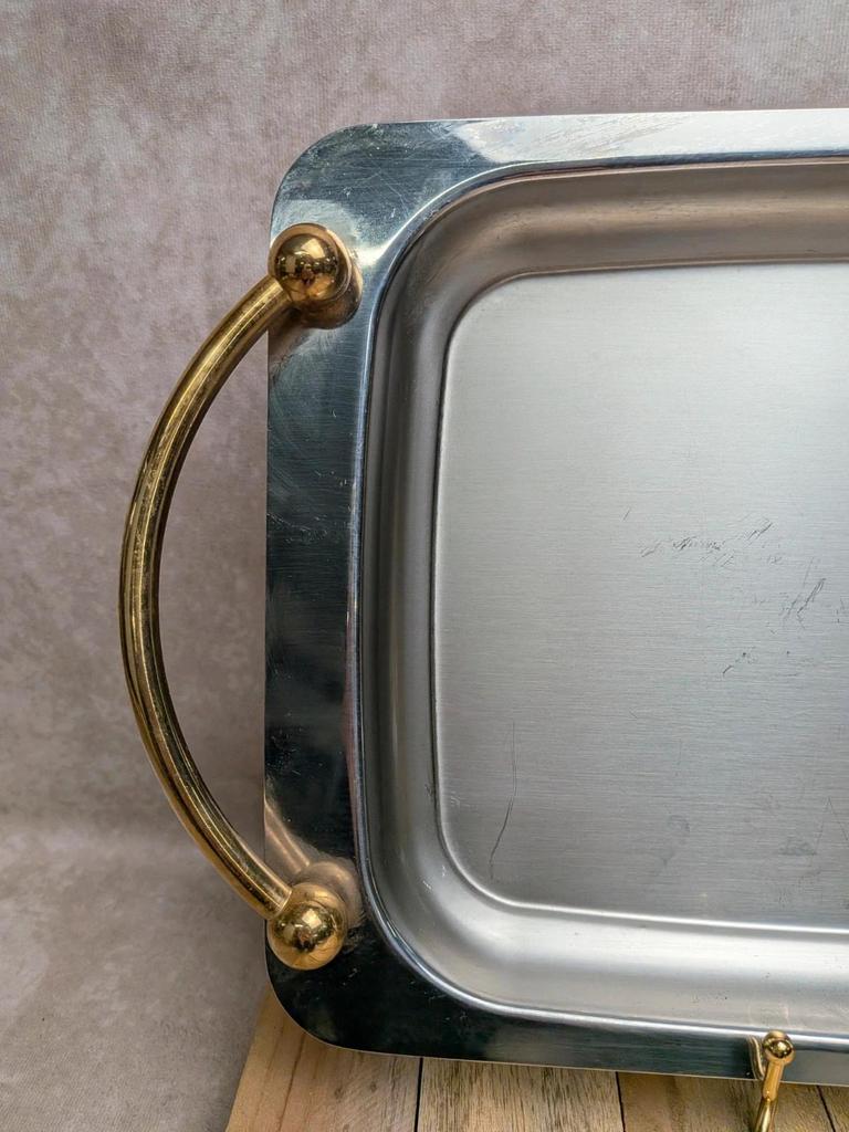 Plateau de service vintage Guy Degrenne inox 18/10 poignées dorées