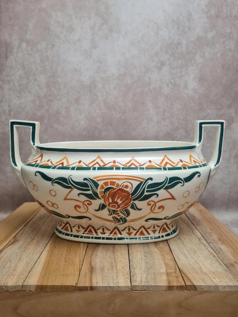 Jardinière Art Déco Moulin des Loups Orchies – décor stylisé vert & terracotta – double anse