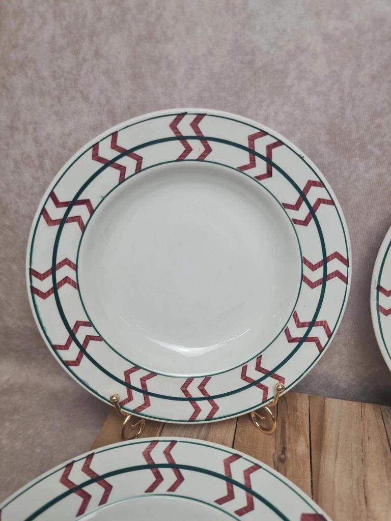Lot 5 assiettes creuses Moulin des Loups modèle Fti20 terre de fer décor graphique vintage