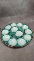 Service 12 assiettes à huîtres + grand plat Longchamp majolique vert coquillage vintage