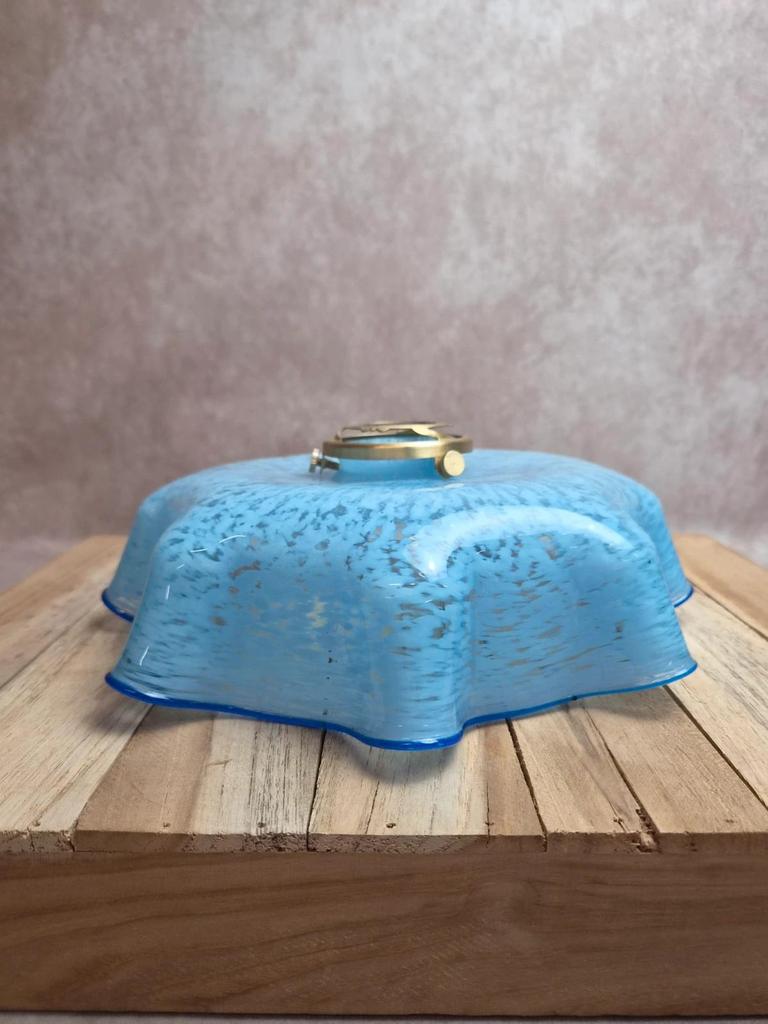 Abat-jour ancien en verre moucheté bleu et blanc – Bord ondulé – Vintage