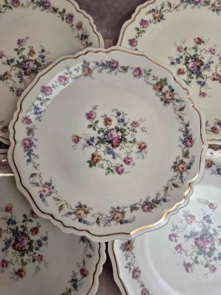 Lot de 6 assiettes plates anciennes Limoges Lucien Michelaud – décor floral