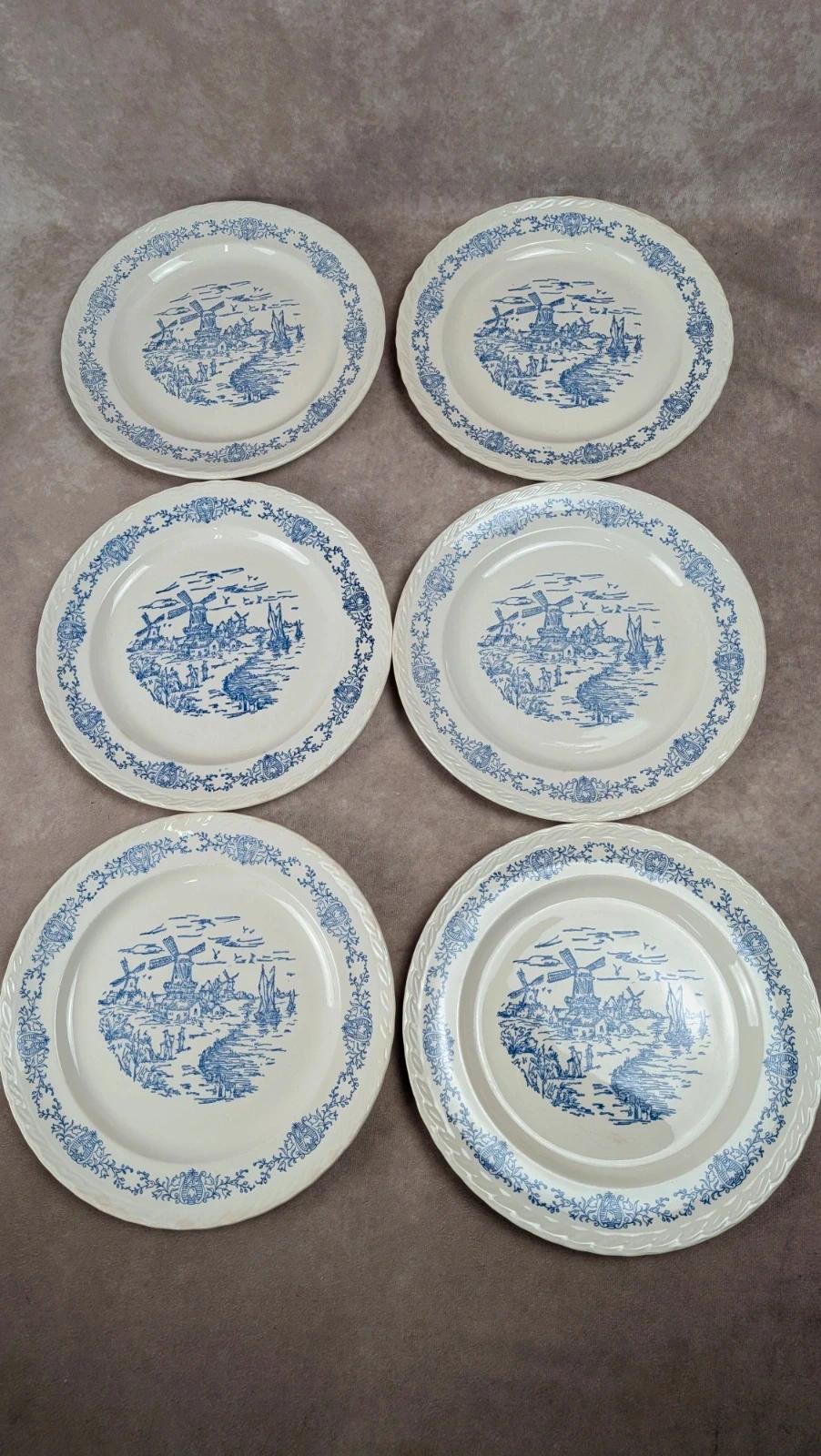 Lot de 6 assiettes plates anciennes Rotterdam décor bleu moulin