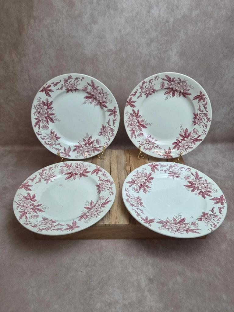 Lot de 4 assiettes plates vintage Amandinoise modèle Anémone 🌸 Terre de fer ancienne décor bordeaux