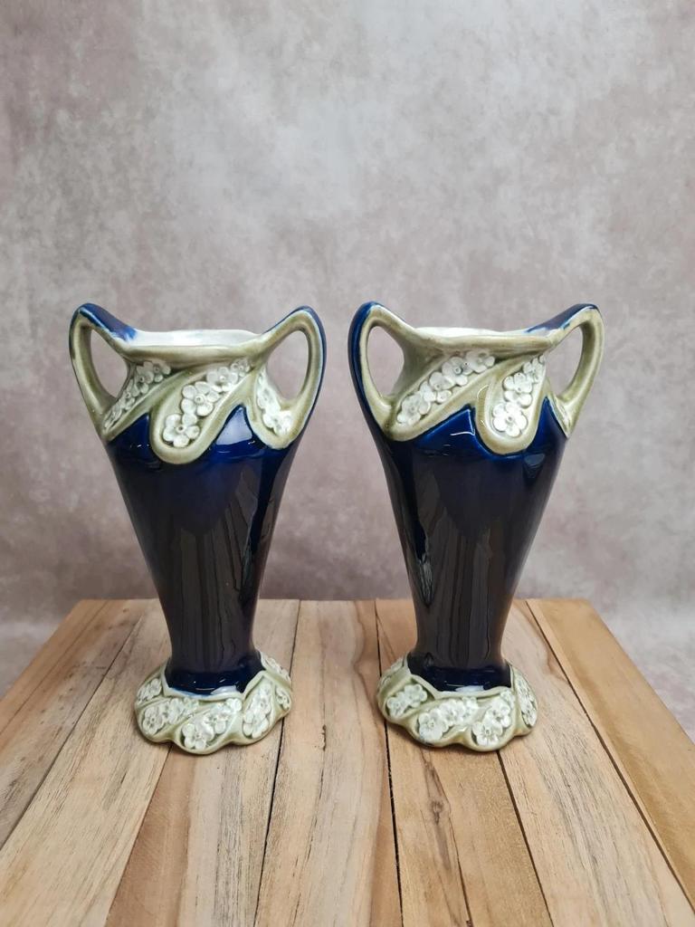 Trio de cheminée ancien Gustave De Bruyn Fives Lille faïence Art nouveau 🌿💙