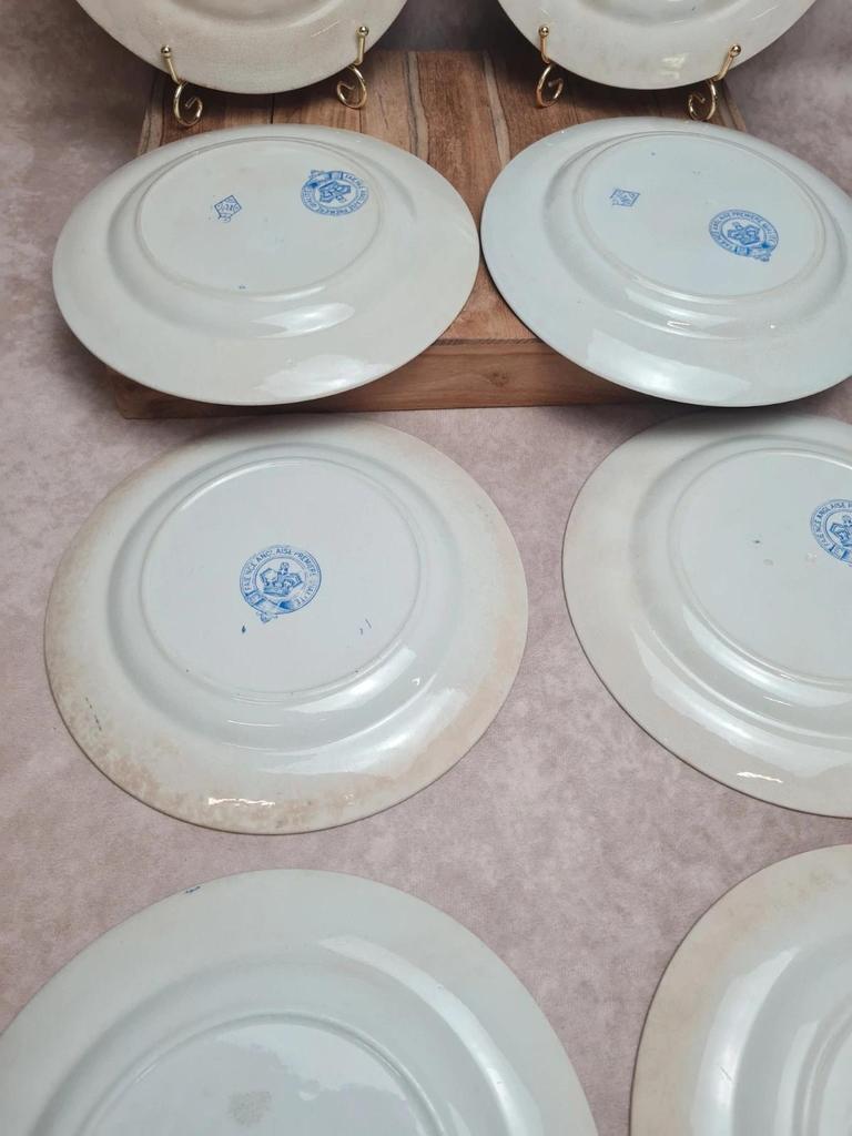 Assiettes terre de fer anglaises 1872 💙 Émile Bourgeois Grand Dépôt Paris – décor bleu rare – lot 8