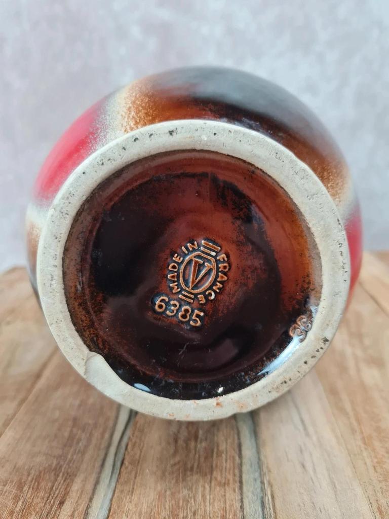 Grand vase vintage Verceram France n°6385 – rouge, brun et noir