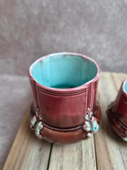 Ensemble ancien en barbotine majolique – plateau et 4 petits pots – Art Nouveau