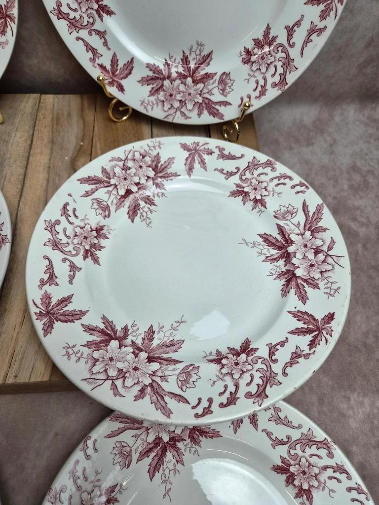 Lot de 6 assiettes plates vintage Amandinoise modèle Anémone 🌸 Terre de fer ancienne décor bordeaux