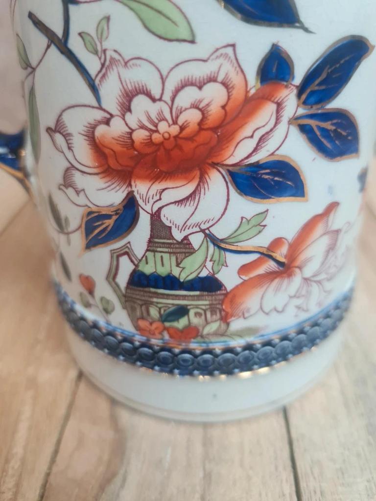 Pichet ancien Burleigh Ware Angleterre décor floral doré bleu cobalt avec couvercle