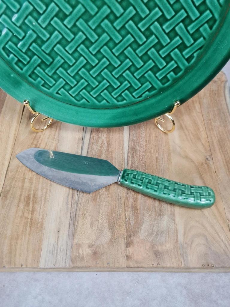🍰 Plat à tarte vintage vert motif vannerie + couteau assorti – années 50