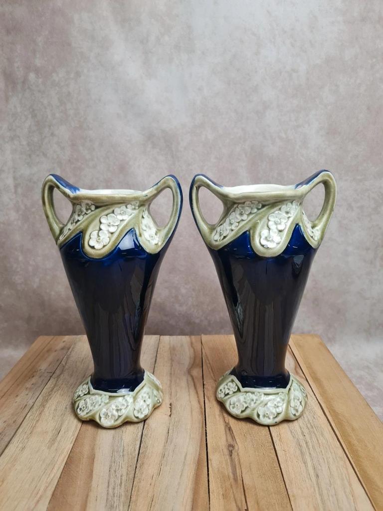 Trio de cheminée ancien Gustave De Bruyn Fives Lille faïence Art nouveau 🌿💙