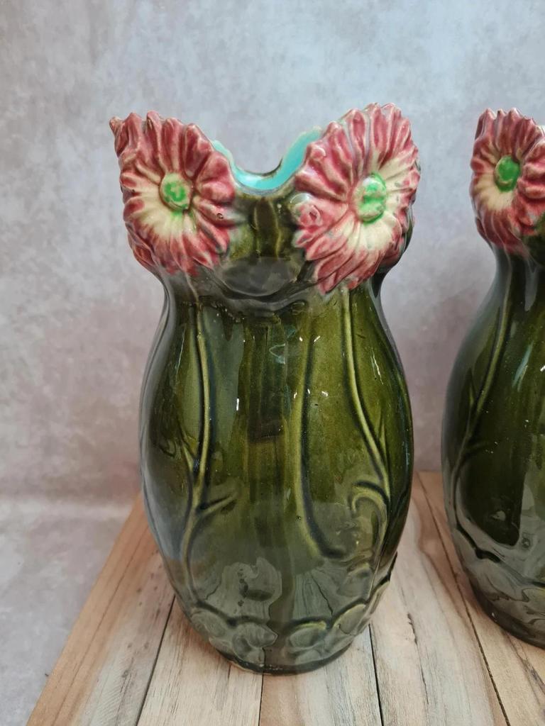 Paire de vases barbotine Francis Mas 🌸 céramique verte fleurs Art nouveau