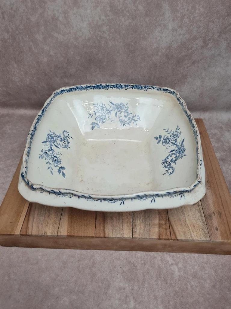 Saladier carré ancien Terre de Fer Clairefontaine Lg – Xixe – décor bleu 💙