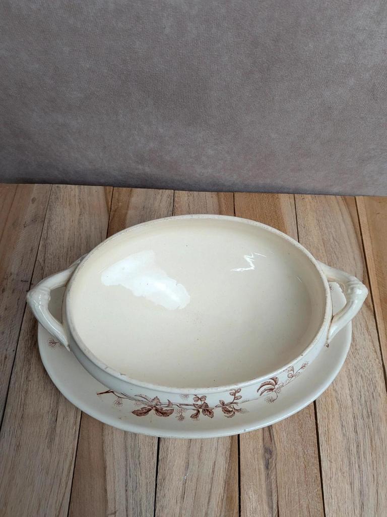 Saucière ancienne en terre de fer Salins – Décor libellule sépia – Avec couvercle
