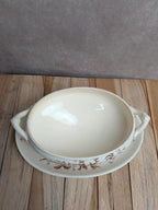 Saucière ancienne en terre de fer Salins – Décor libellule sépia – Avec couvercle