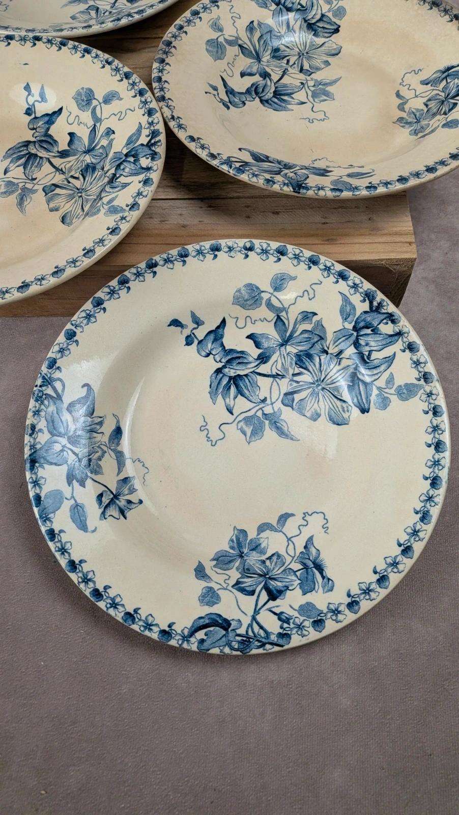 Lot de 5 assiettes creuses anciennes Vieillard & Cie Bordeaux, modèle Clématite