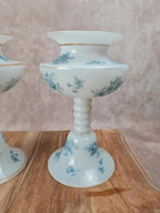 Jolie paire de vases sur pied en opaline blanche – décor bleu ancien