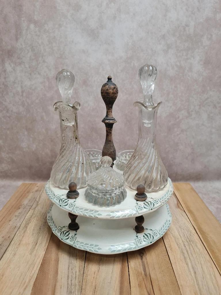 Huilier vinaigrier ancien Gien Clara terre de fer présentoir flacons verre Xixe 🏺