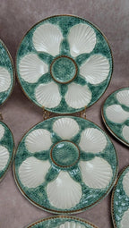 Service 12 assiettes à huîtres + grand plat Longchamp majolique vert coquillage vintage