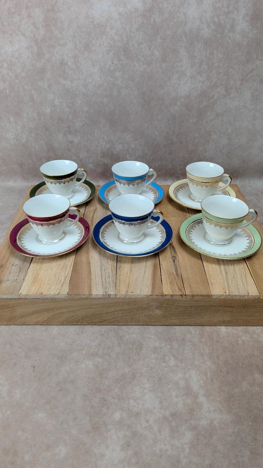 Lot 6 tasses et soucoupes en porcelaine de Limoges multicolores dorées
