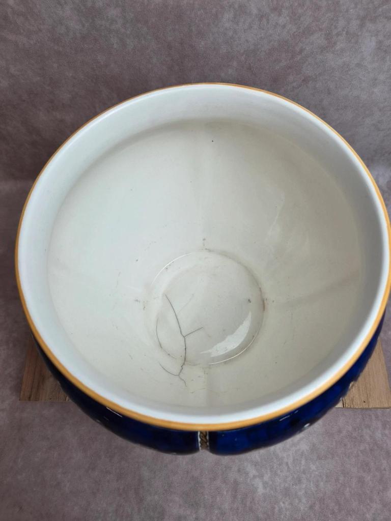 Grand cache-pot Gien Renaissance fond bleu décoré à la main vintage