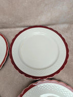 Lot de 4 grandes assiettes anciennes faïence liseré rouge festonné
