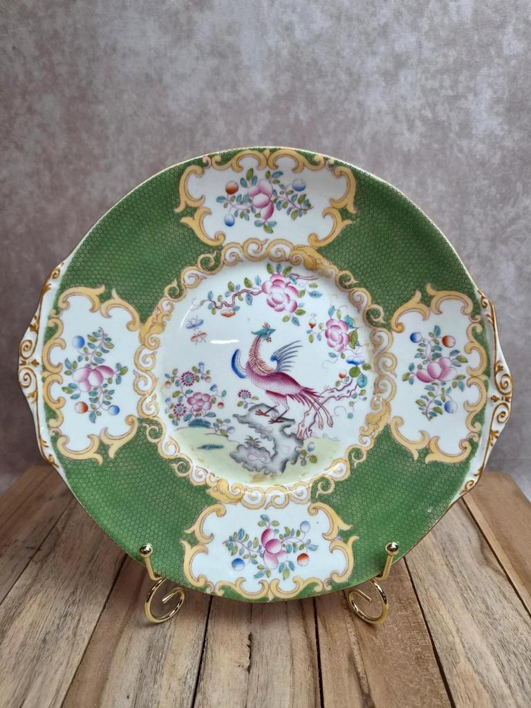 Plat à gâteau Mintons Green Cockatrice 4863 – Porcelaine anglaise ancienne