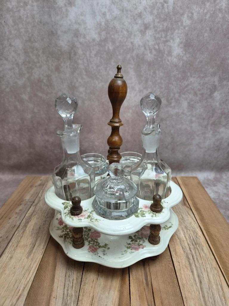 Serviteur ancien à huile, vinaigre & condiments Salins – terre de fer & verre – décor floral