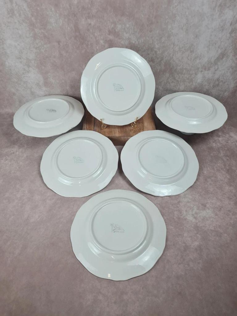 Lot de 6 assiettes à asperges Longchamp, décor oiseau fleuri vintage