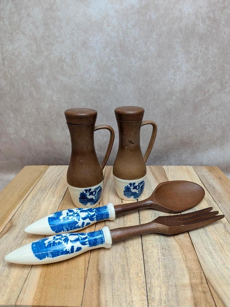 Set à salade vintage céramique & bois – Huilier/vinaigrier + couverts