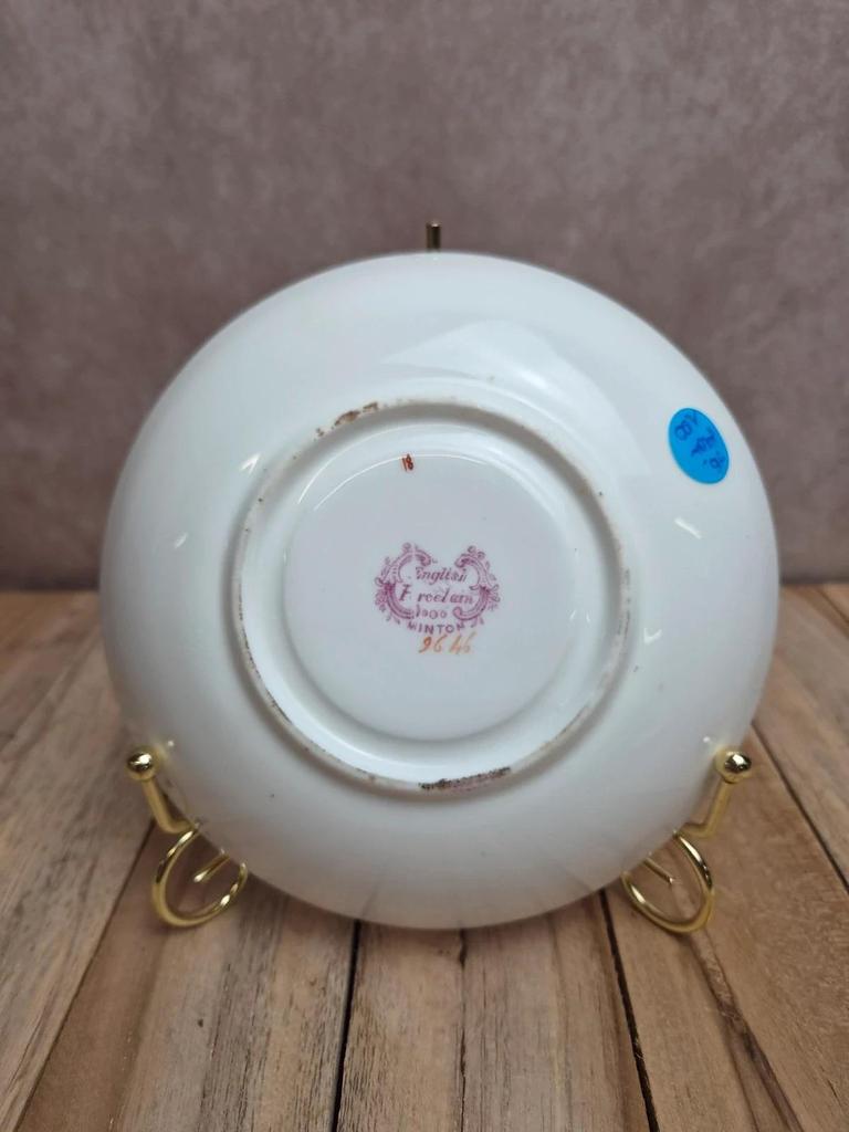 Sous-tasse ancienne Minton English Porcelain – décor oiseaux & fleurs roses – anglaise