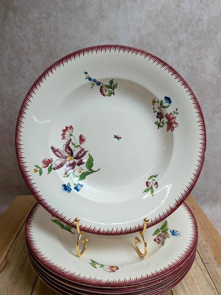 Lot de 6 assiettes creuses Sarreguemines – modèle Strasbourg – décor floral peint à la main