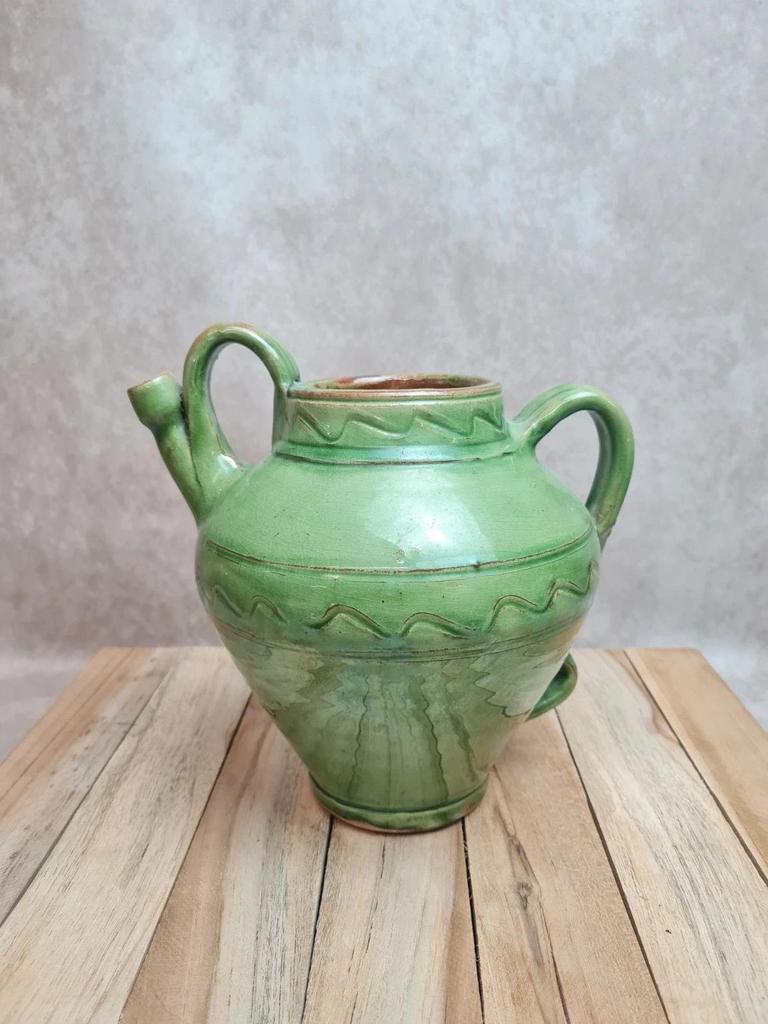 Potiche / cruche en grès vernissé vert – style artisanal vintage
