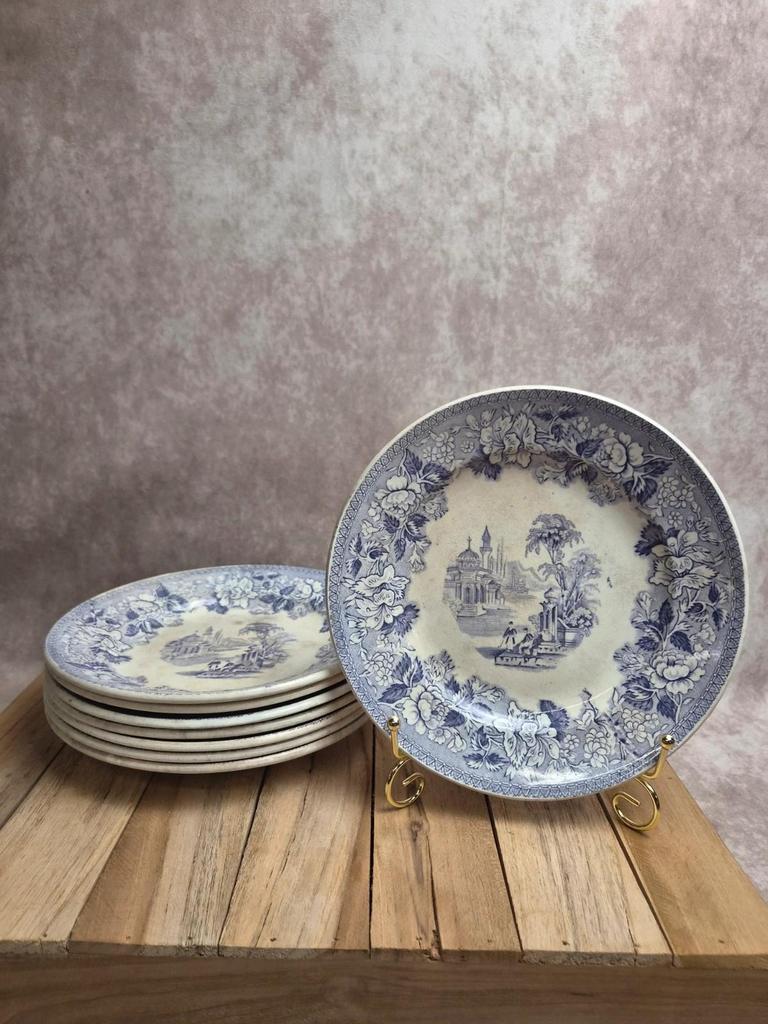 Lot de 8 assiettes à dessert anciennes anglaises J. Marshall & Co Bosphorus faïence violette Xixe