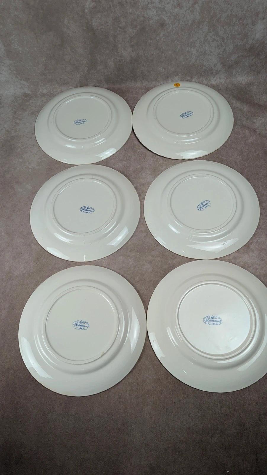 Lot de 6 assiettes plates anciennes Rotterdam décor bleu moulin