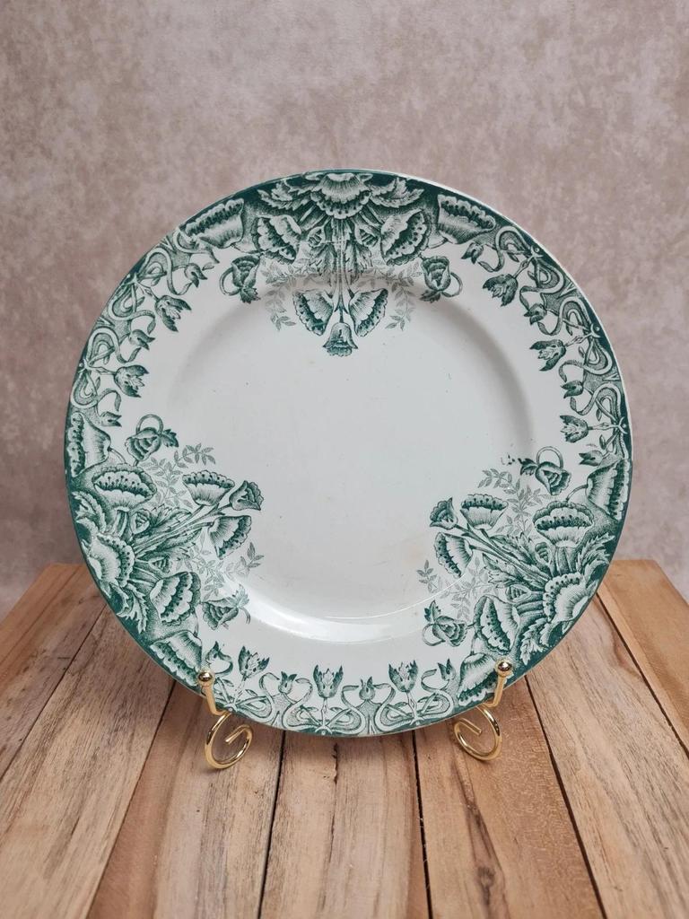 Assiette plate ancienne Terre de fer A. Lebacqz & M. Bouchard – décor Floral vert 💚