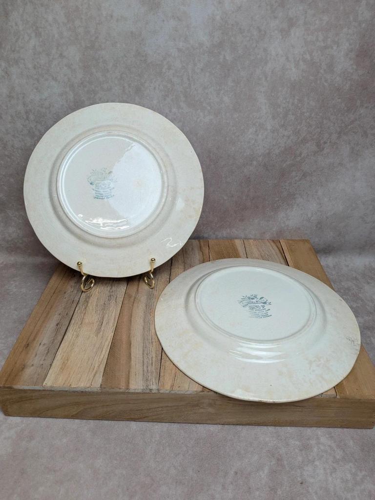 Lot de 2 assiettes style anglaises Lunéville terre de fer rouge décor champêtre