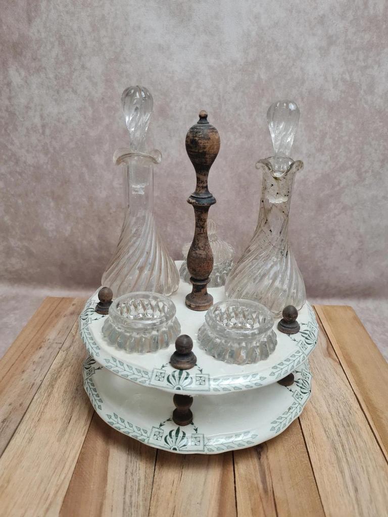 Huilier vinaigrier ancien Gien Clara terre de fer présentoir flacons verre Xixe 🏺