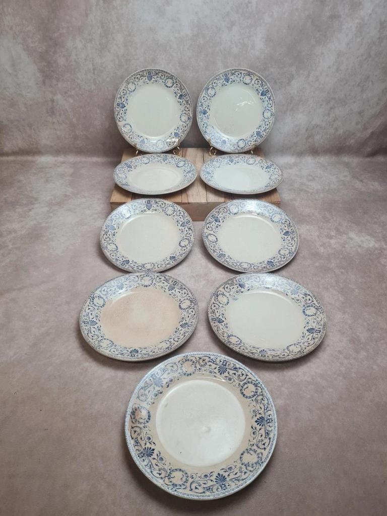 Lot de 9 assiettes dessert anciennes Creil Montereau Marie Louise Terre de Fer bleu