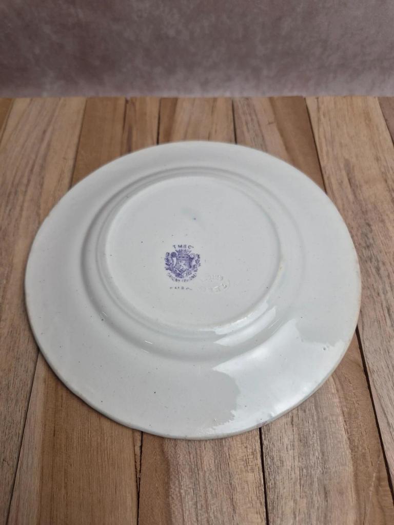 Assiette à dessert ancienne Grigny Rhône Tm & Cie – décor japonisant violet – fin Xixe